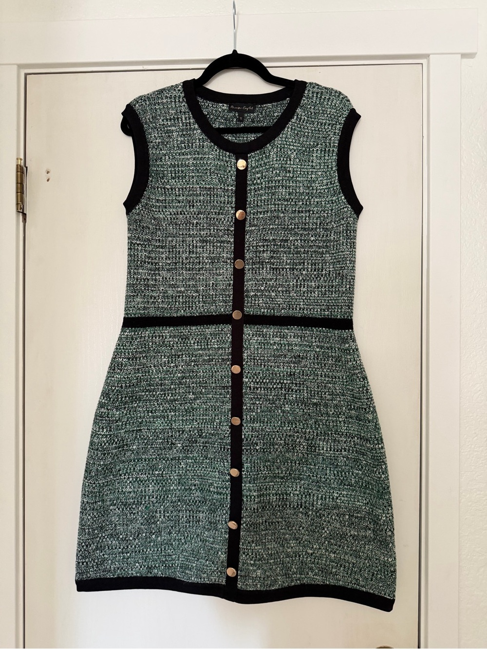 Sleeveless Tweed-Style Mini Dress with Black Trim